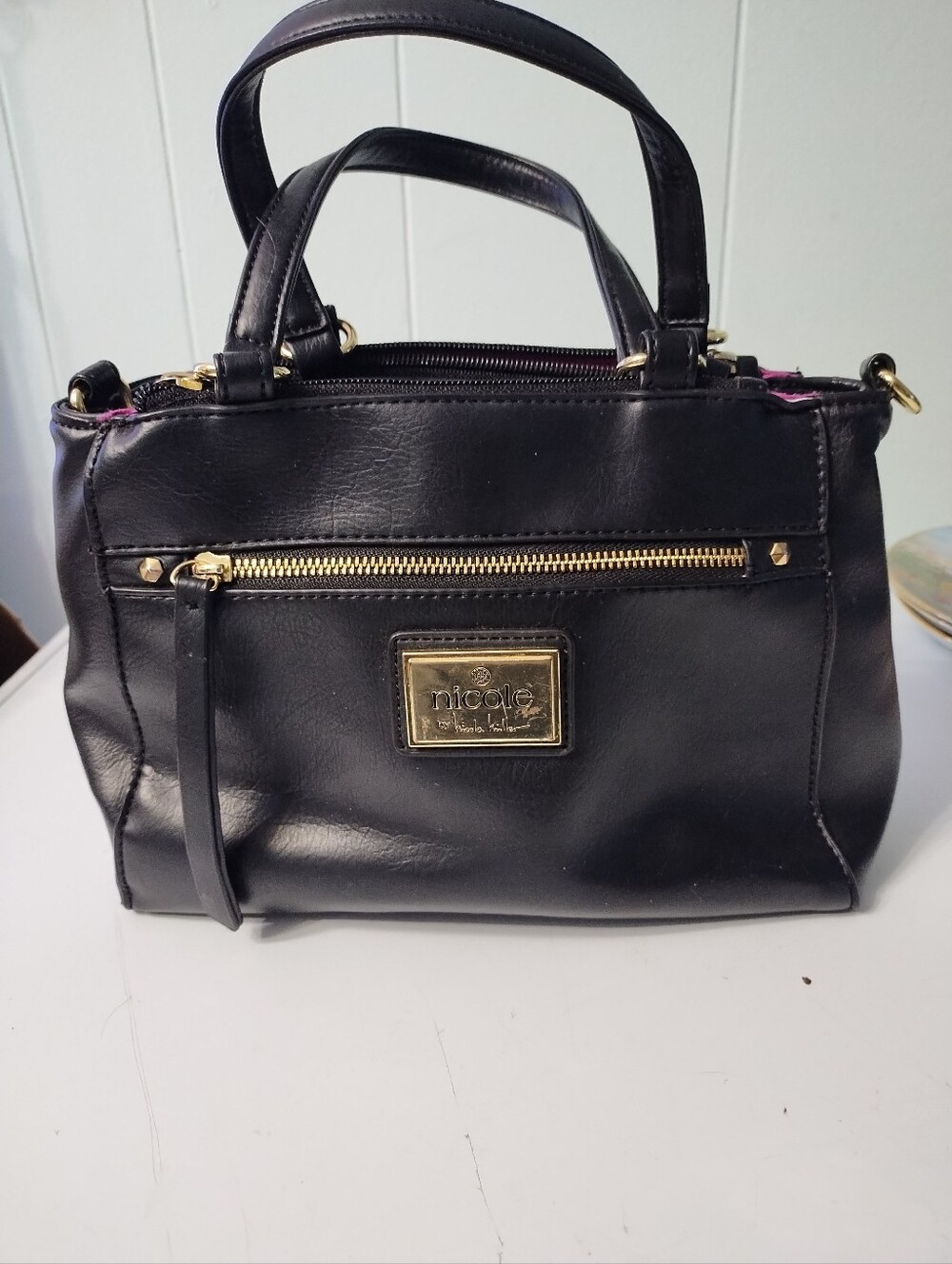 Nicole Black Faux Leather Satchel with Gold Hardware